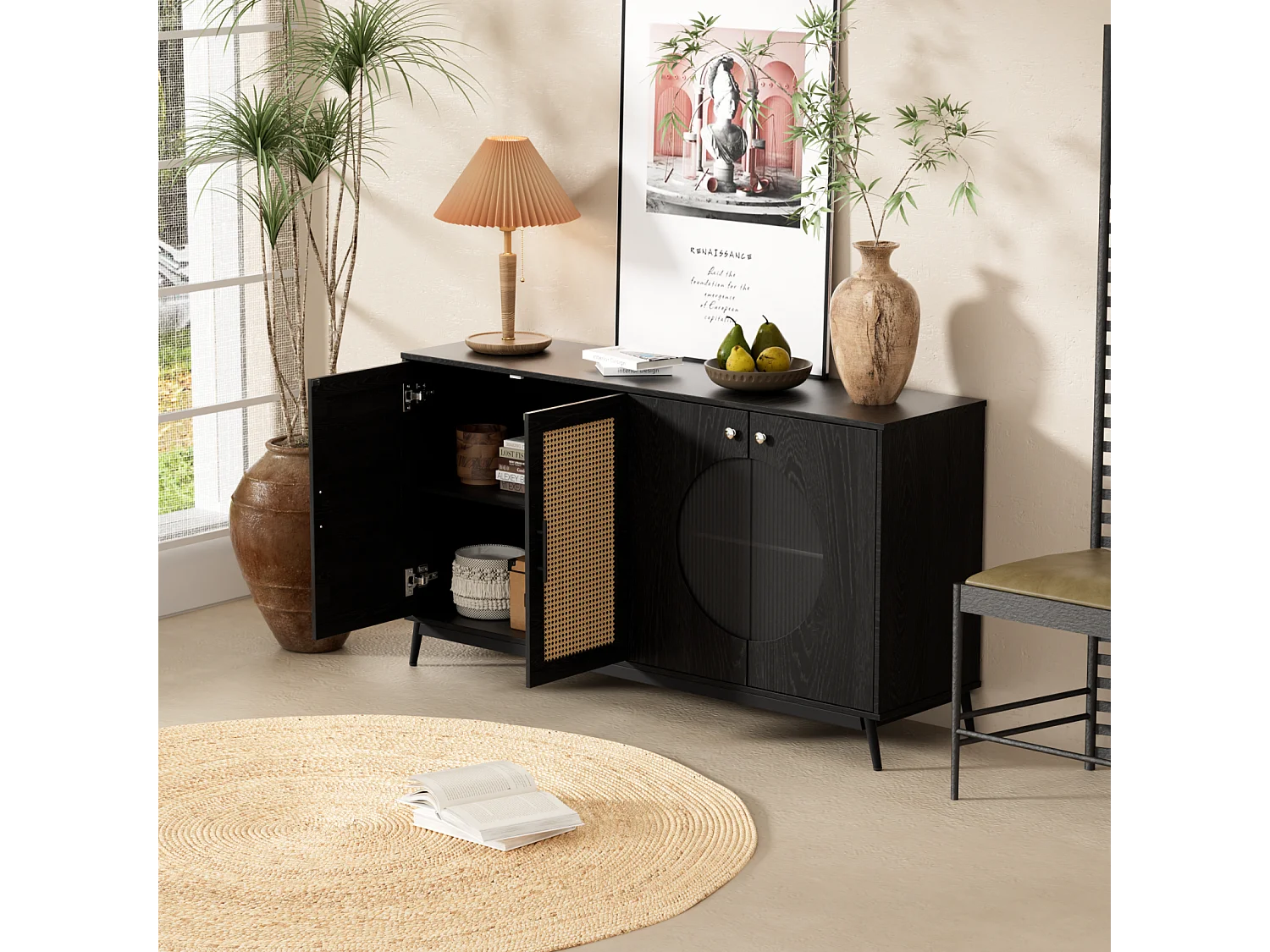 Dressoir 160x40x80cm, met 3 rotan glazen deuren, 2 halfronde deuren, hoge kwaliteit, zwart