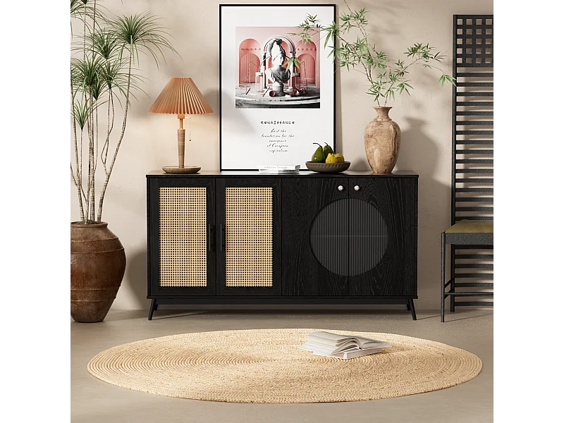 Dressoir 160x40x80cm, met 3 rotan glazen deuren, 2 halfronde deuren, hoge kwaliteit, zwart