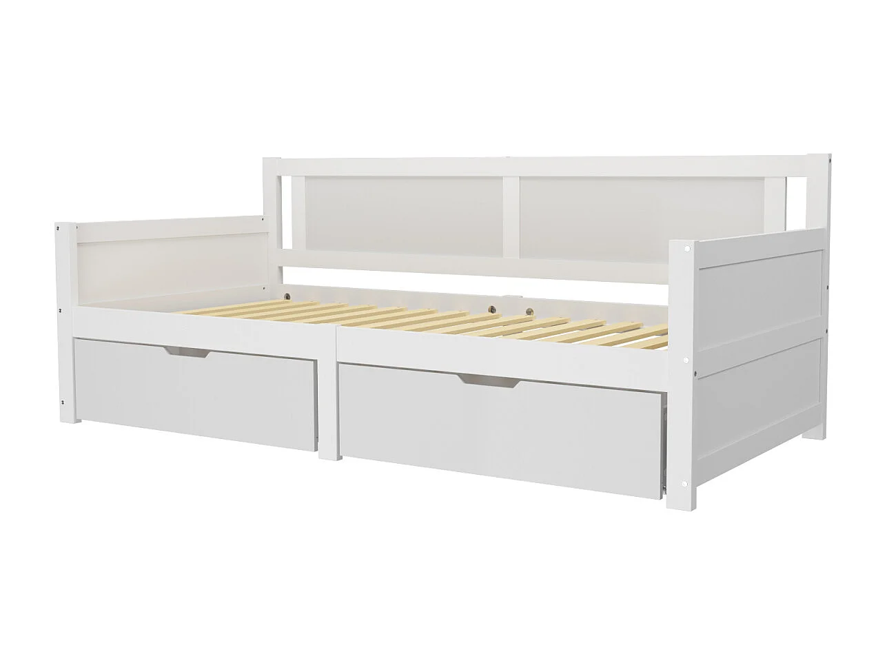 Lit simple 90x200cm avec 2 tiroirs, structure en bois massif, avec sommier à lattes, blanc