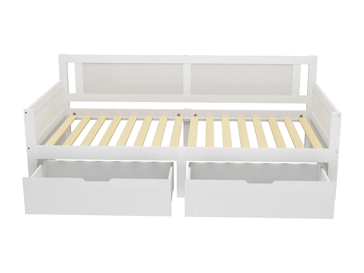 Eenpersoonsbed 90x200cm met 2 lades, massief houten frame, met lattenbodem, wit