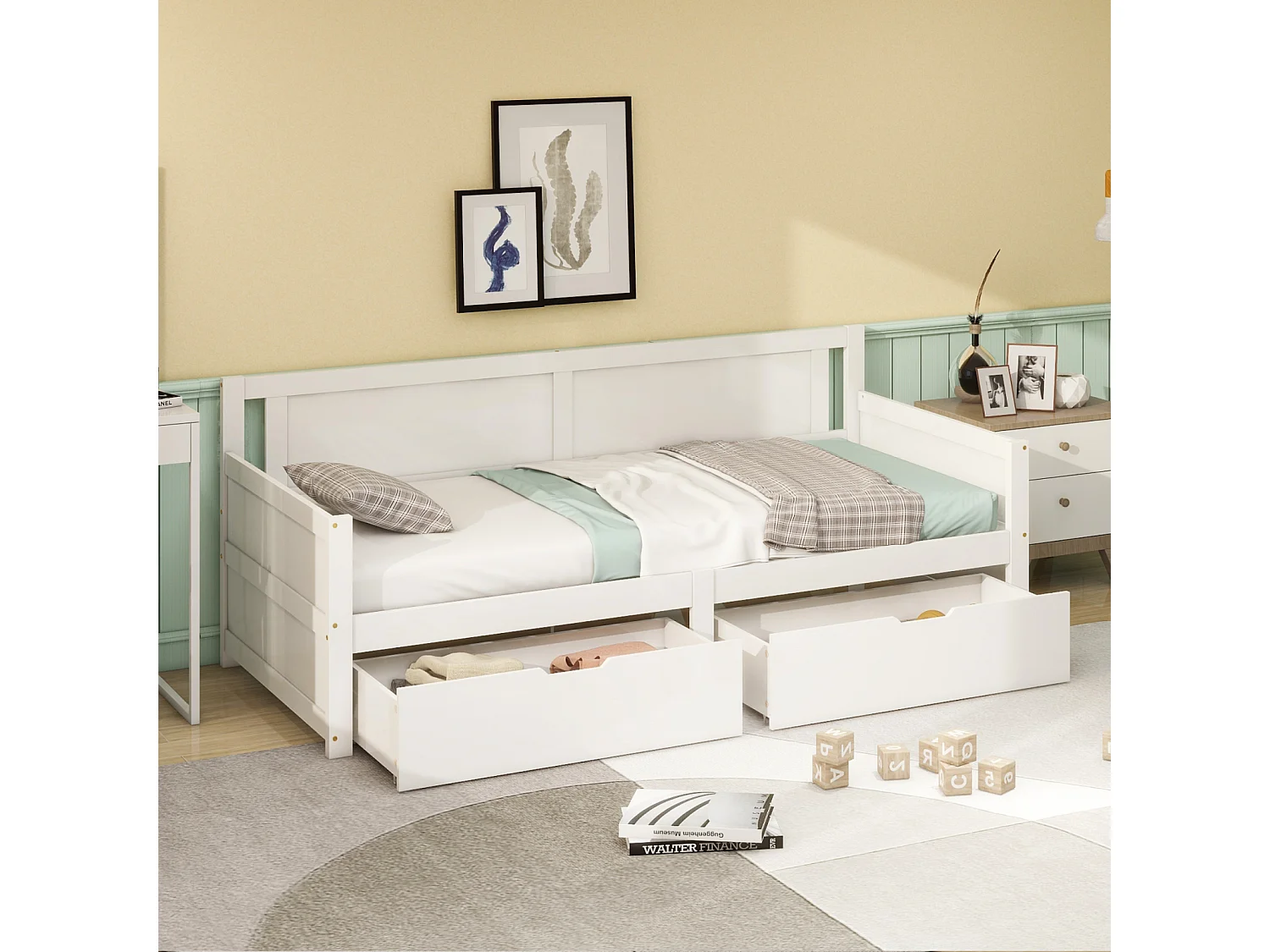 Eenpersoonsbed 90x200cm met 2 lades, massief houten frame, met lattenbodem, wit