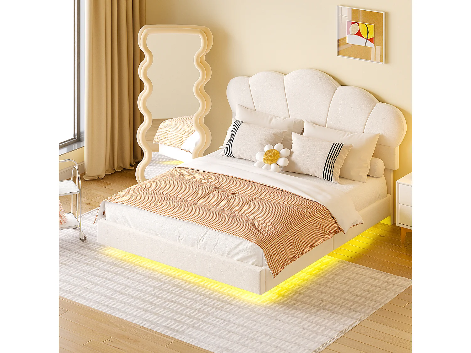 Cama de matrimonio 140x200cm, cama LED con somier de láminas y cabecero en forma de nube, pie de cama oculto, tejido terciopelo beige