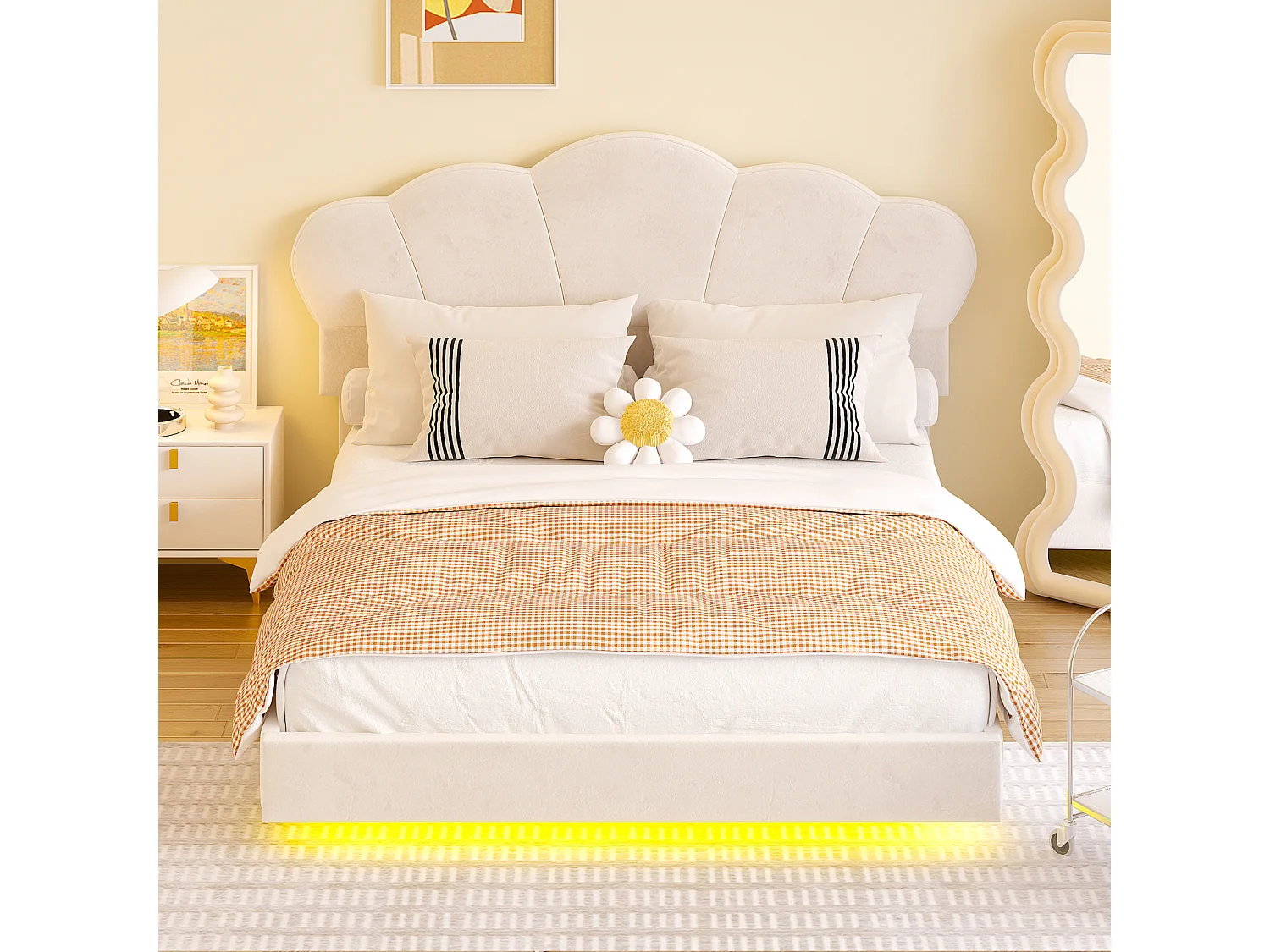 Cama de matrimonio 140x200cm, cama LED con somier de láminas y cabecero en forma de nube, pie de cama oculto, tejido terciopelo beige