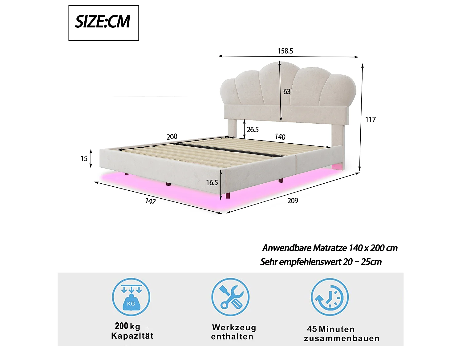Cama de matrimonio 140x200cm, cama LED con somier de láminas y cabecero en forma de nube, pie de cama oculto, tejido terciopelo beige