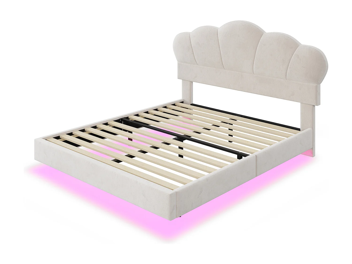 Cama de matrimonio 140x200cm, cama LED con somier de láminas y cabecero en forma de nube, pie de cama oculto, tejido terciopelo beige