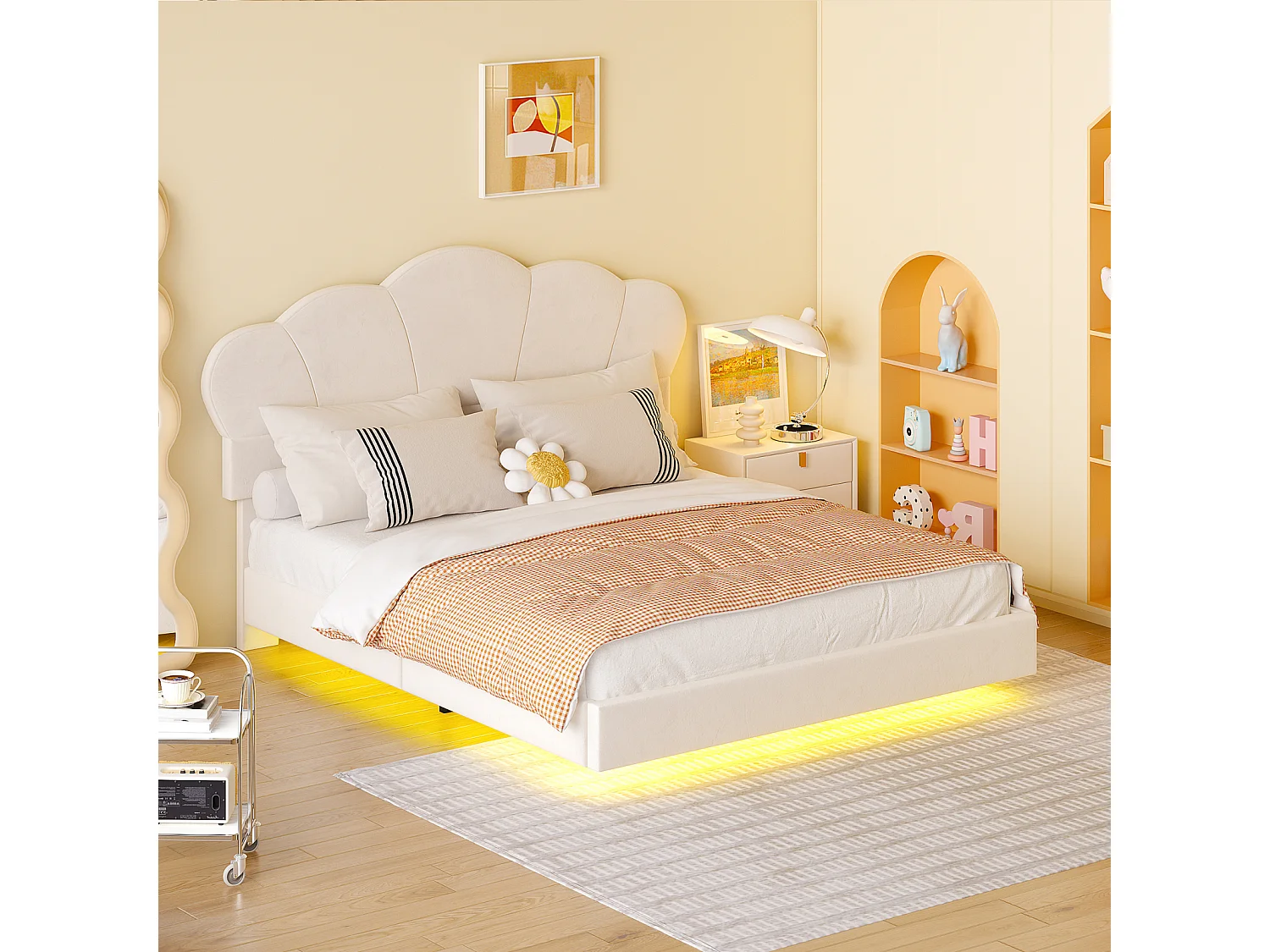 Cama de matrimonio 140x200cm, cama LED con somier de láminas y cabecero en forma de nube, pie de cama oculto, tejido terciopelo beige