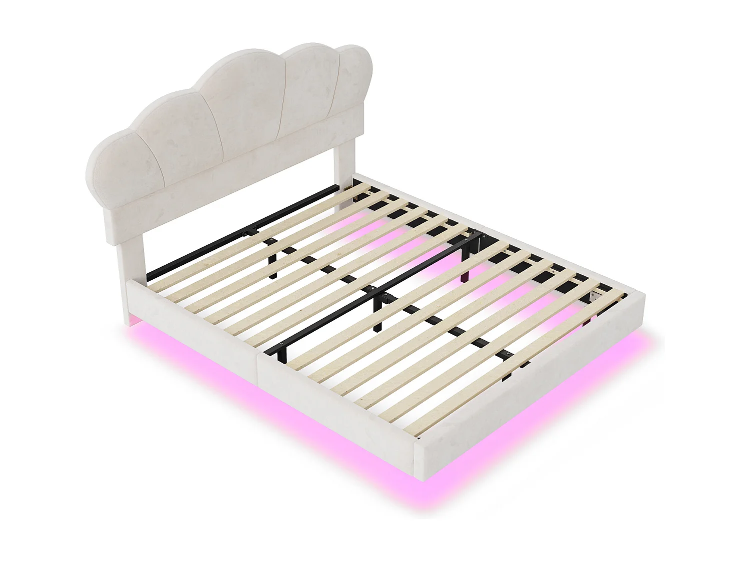 Cama de matrimonio 140x200cm, cama LED con somier de láminas y cabecero en forma de nube, pie de cama oculto, tejido terciopelo beige
