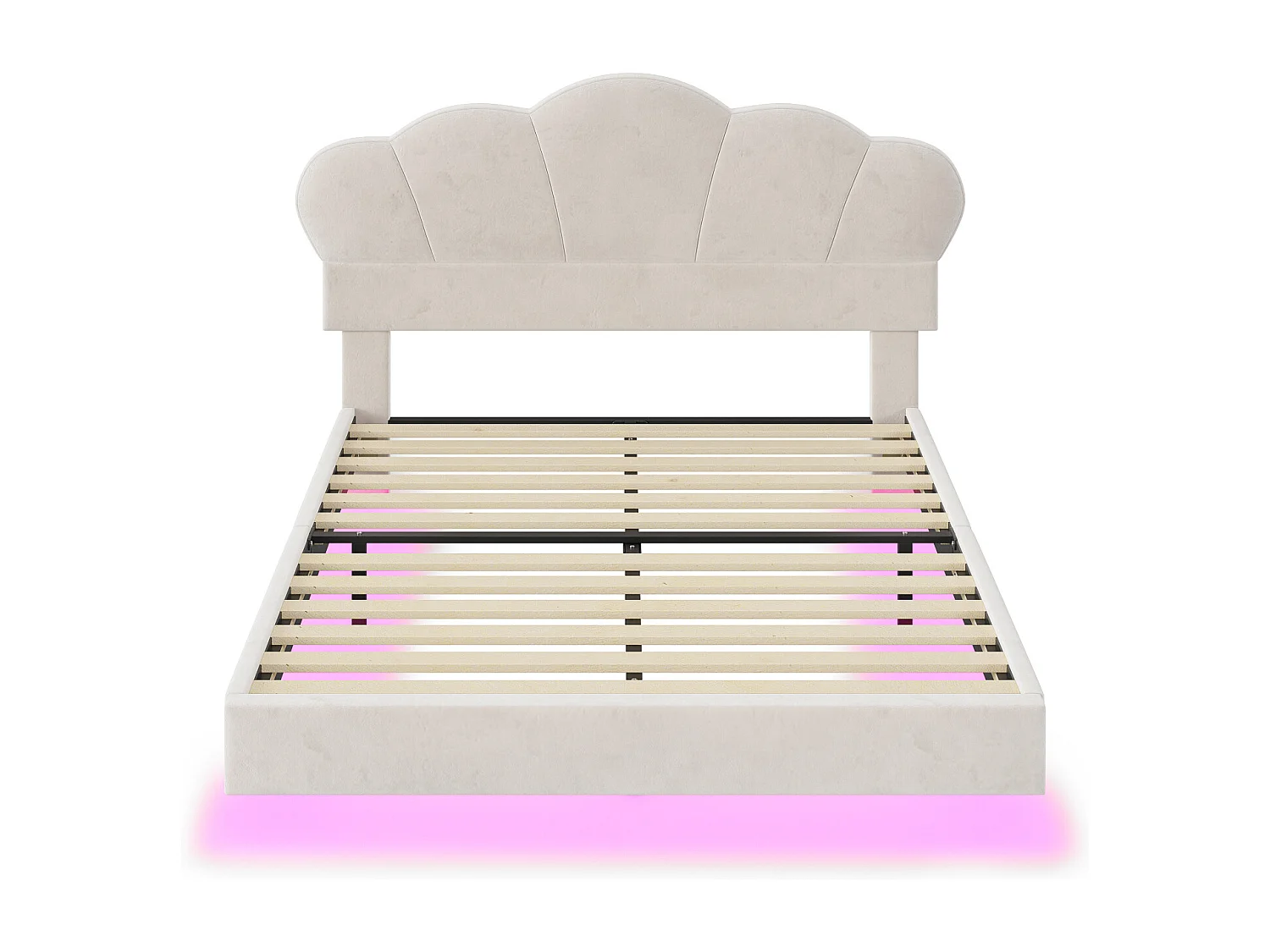 Cama de matrimonio 140x200cm, cama LED con somier de láminas y cabecero en forma de nube, pie de cama oculto, tejido terciopelo beige