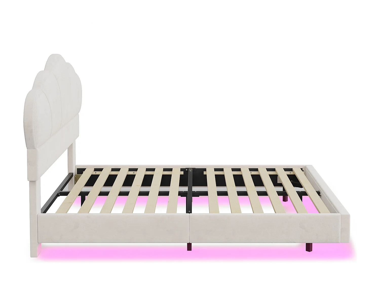Cama de matrimonio 140x200cm, cama LED con somier de láminas y cabecero en forma de nube, pie de cama oculto, tejido terciopelo beige