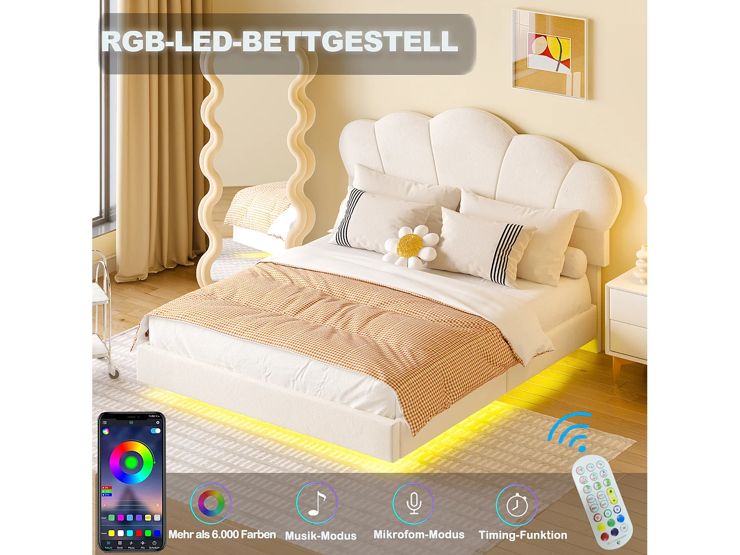Cama de matrimonio 140x200cm, cama LED con somier de láminas y cabecero en forma de nube, pie de cama oculto, tejido terciopelo beige