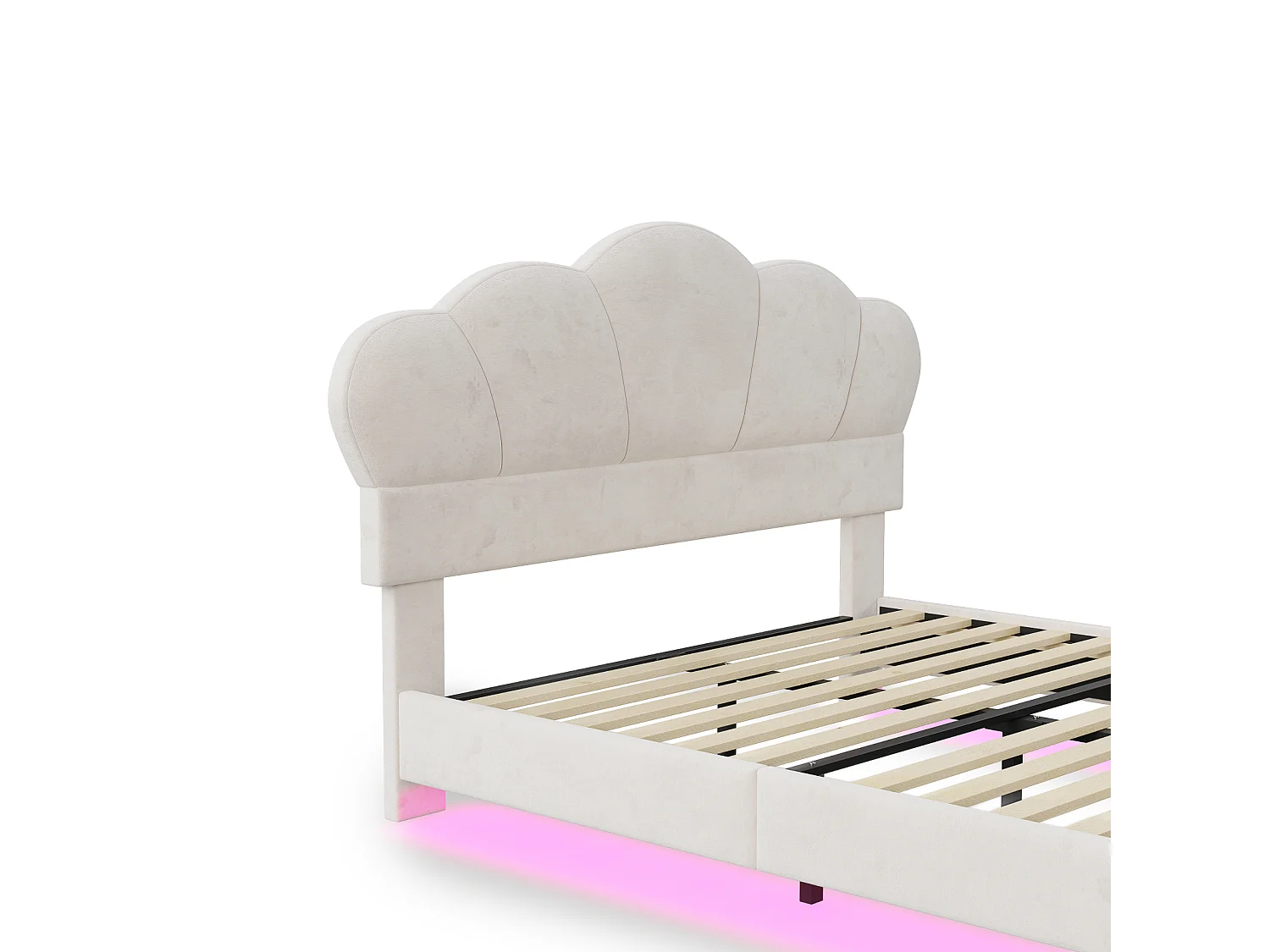 Cama de matrimonio 140x200cm, cama LED con somier de láminas y cabecero en forma de nube, pie de cama oculto, tejido terciopelo beige