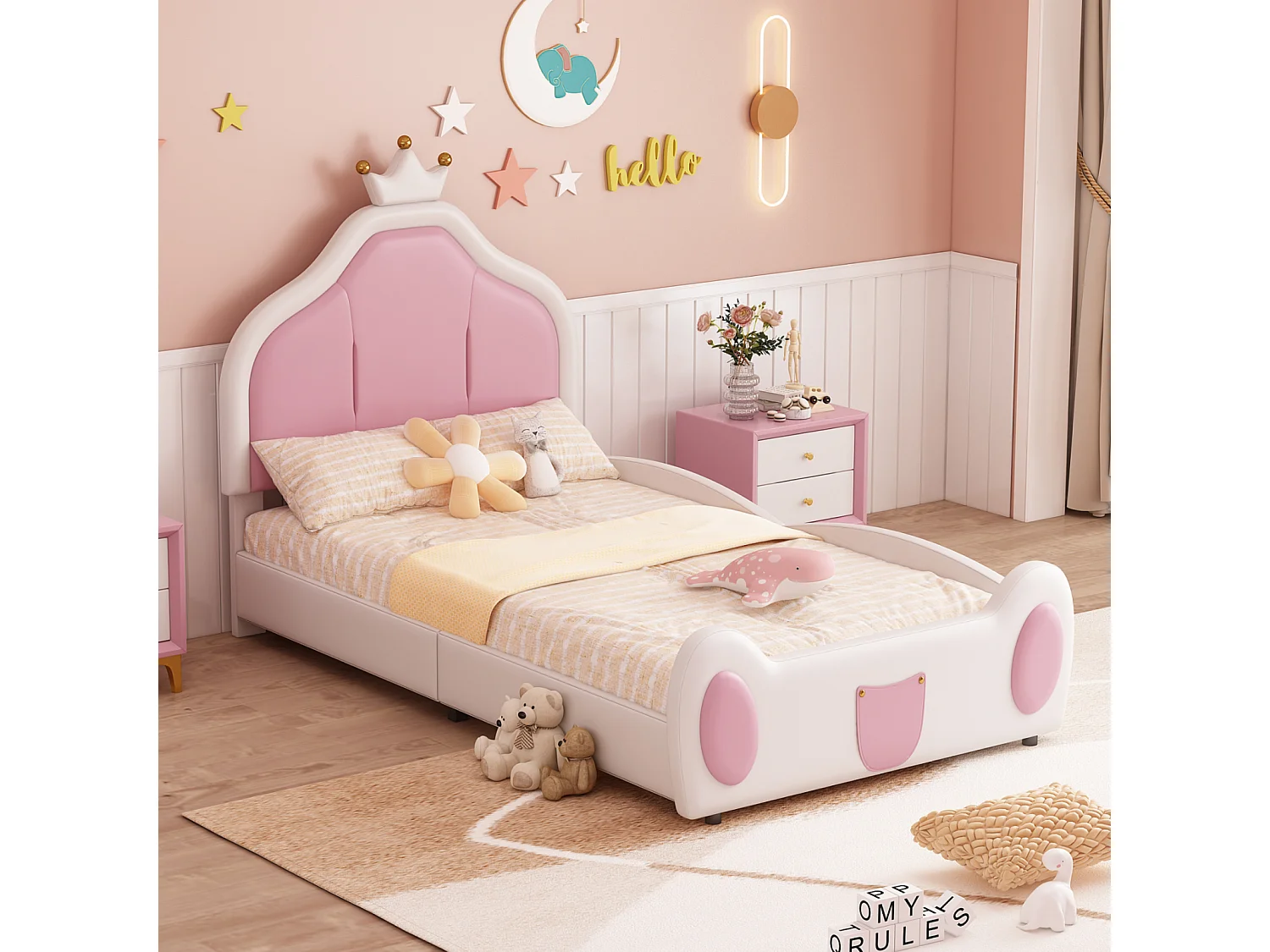 Cama individual 90x200cm, cama infantil con somier de láminas y cabecero con moldura de techo, patchwork bicolor, tejido polipiel, color blanco
