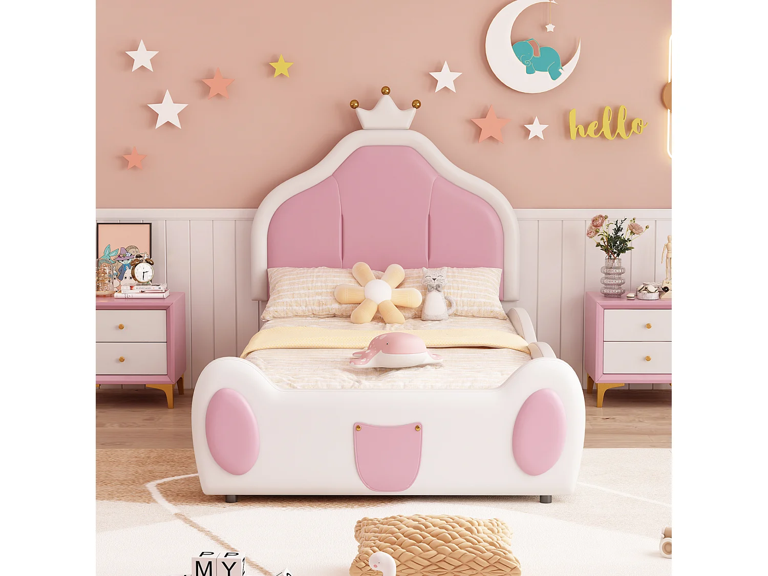 Cama individual 90x200cm, cama infantil con somier de láminas y cabecero con moldura de techo, patchwork bicolor, tejido polipiel, color blanco