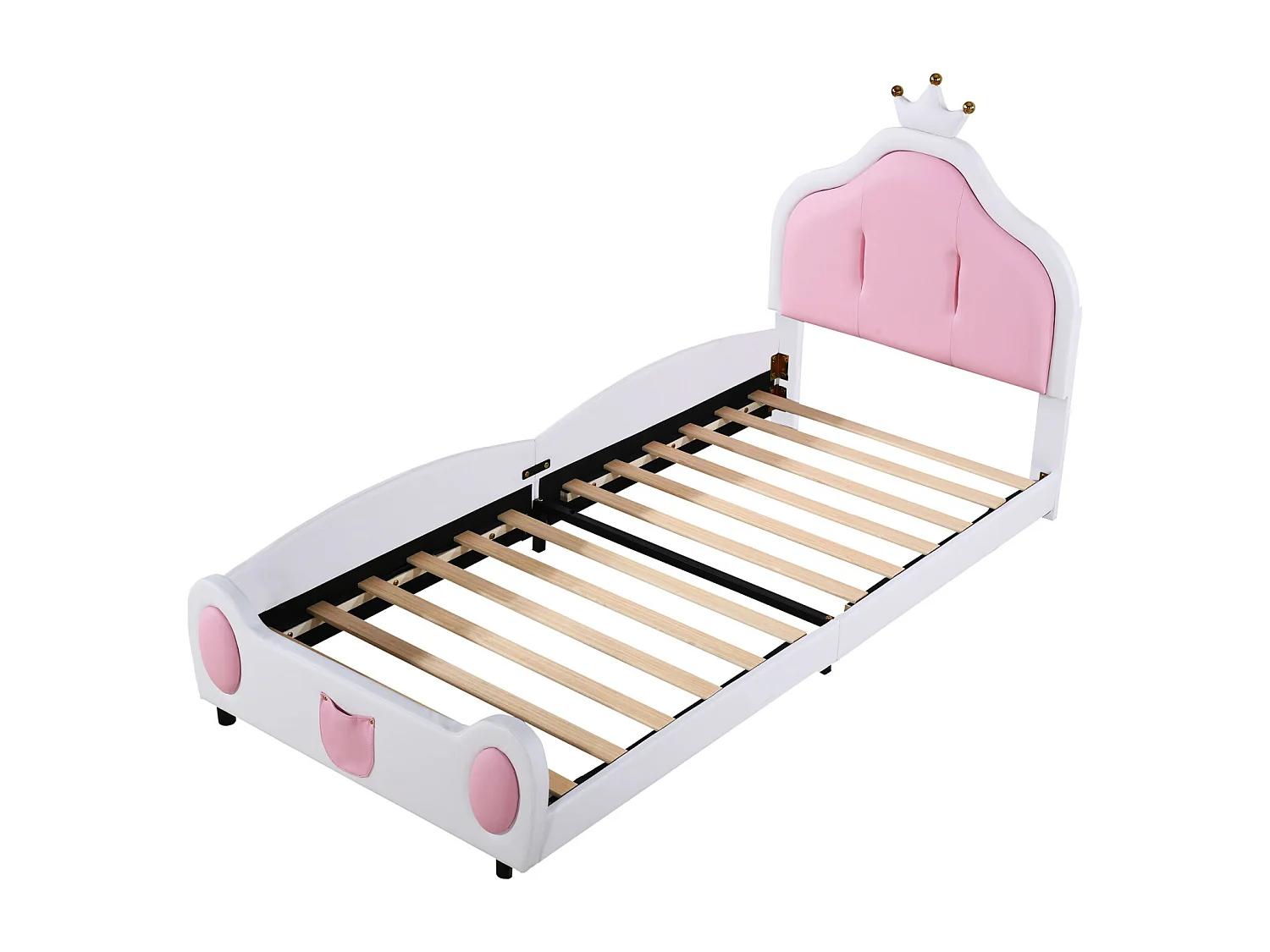 Cama individual 90x200cm, cama infantil con somier de láminas y cabecero con moldura de techo, patchwork bicolor, tejido polipiel, color blanco