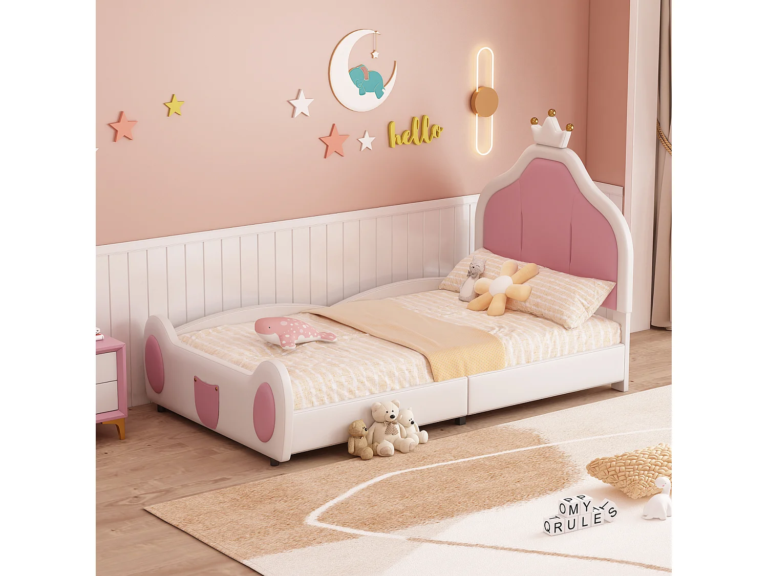 Cama individual 90x200cm, cama infantil con somier de láminas y cabecero con moldura de techo, patchwork bicolor, tejido polipiel, color blanco