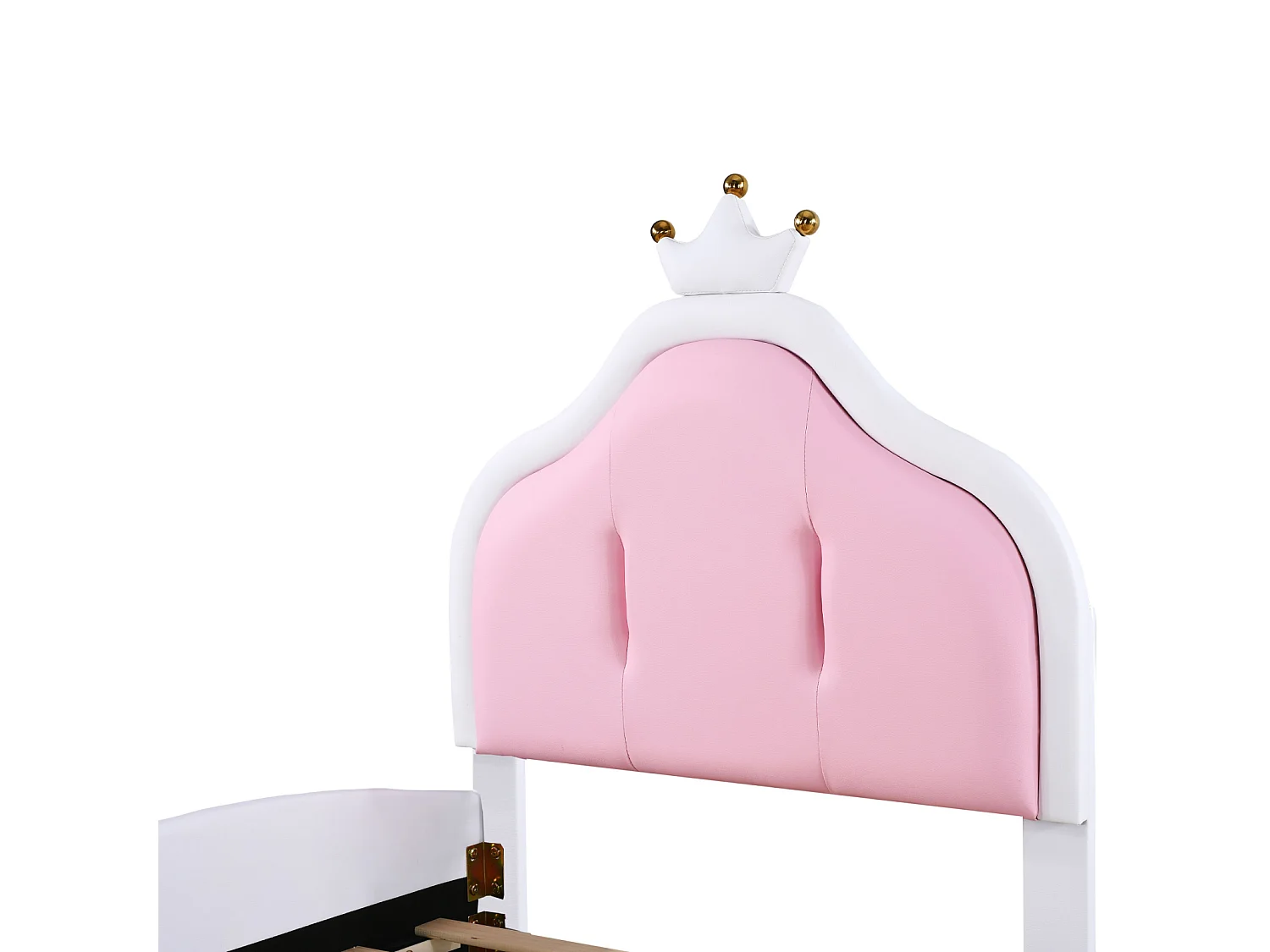 Cama individual 90x200cm, cama infantil con somier de láminas y cabecero con moldura de techo, patchwork bicolor, tejido polipiel, color blanco