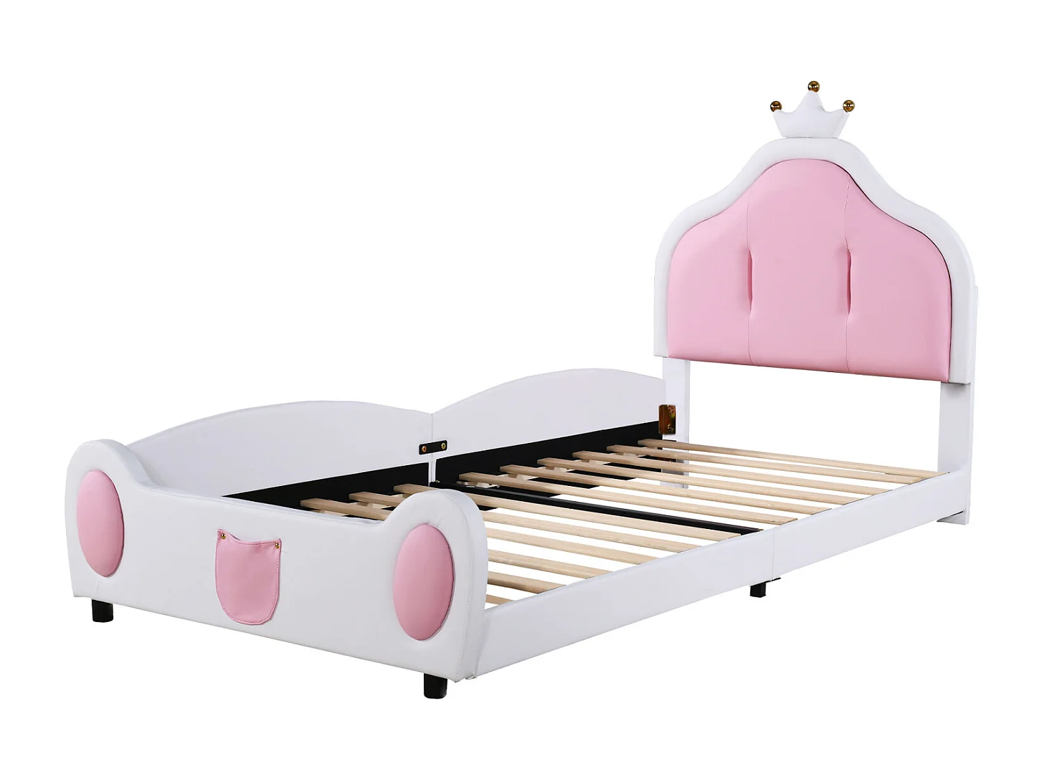 Cama individual 90x200cm, cama infantil con somier de láminas y cabecero con moldura de techo, patchwork bicolor, tejido polipiel, color blanco