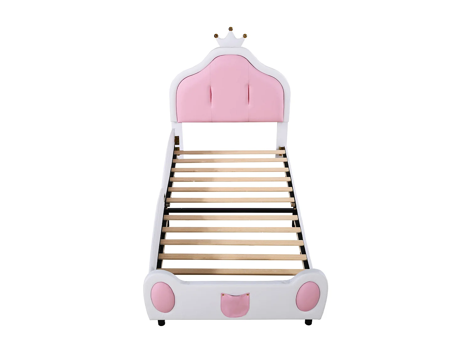 Cama individual 90x200cm, cama infantil con somier de láminas y cabecero con moldura de techo, patchwork bicolor, tejido polipiel, color blanco