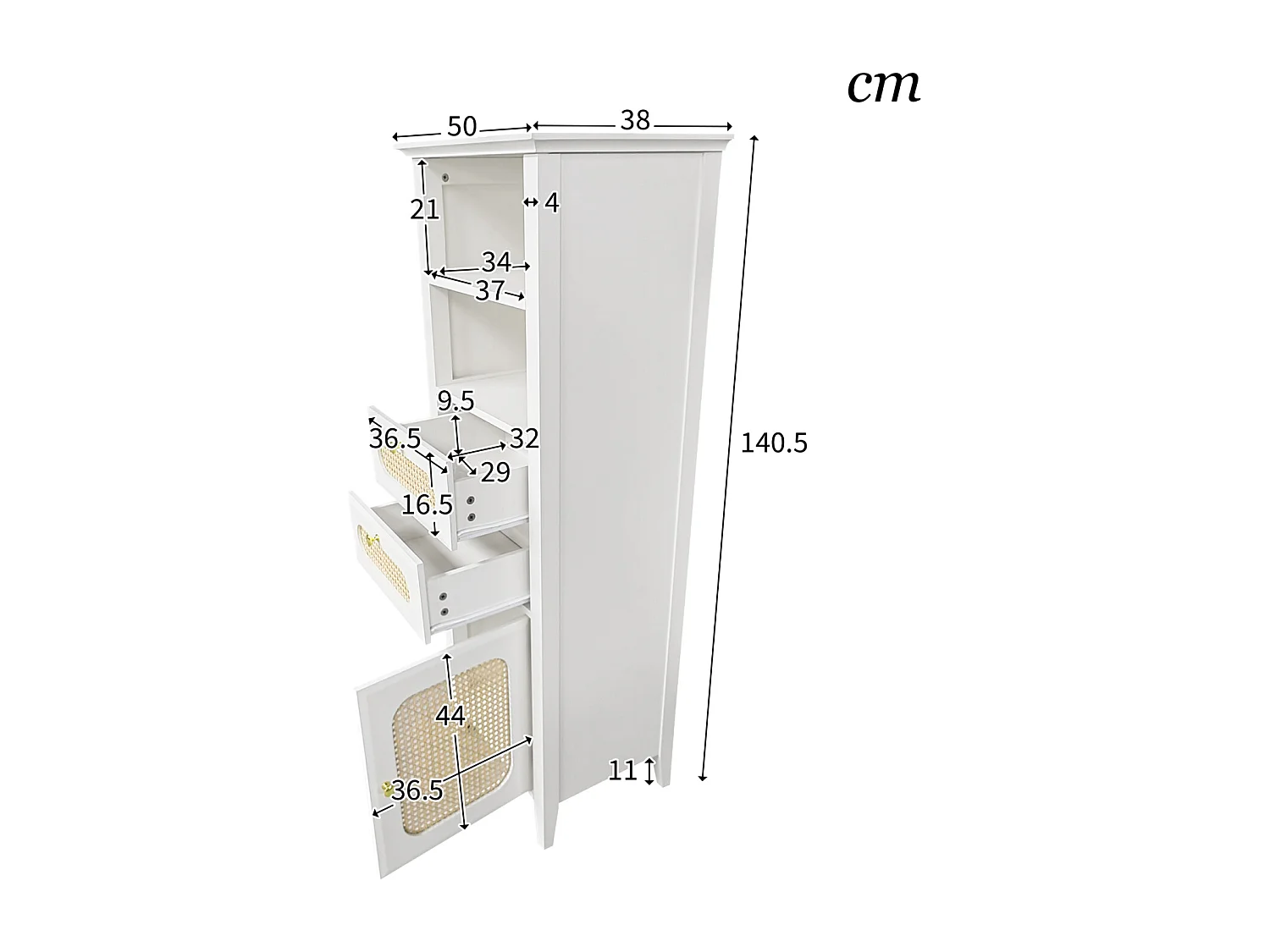 Vitrina de salón con ratán, mueble alto, superficie pintada, se puede utilizar para muebles combinados de salón, color blanco