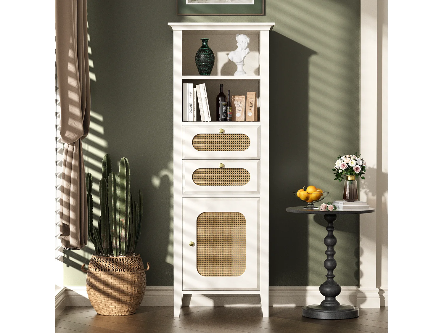 Vitrina de salón con ratán, mueble alto, superficie pintada, se puede utilizar para muebles combinados de salón, color blanco