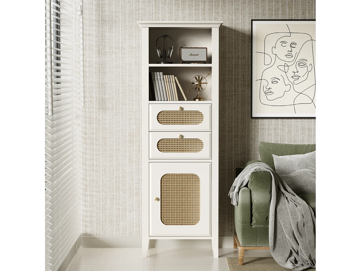 Vitrina de salón con ratán, mueble alto, superficie pintada, se puede utilizar para muebles combinados de salón, color blanco