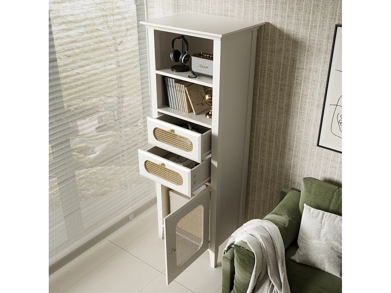 Vitrina de salón con ratán, mueble alto, superficie pintada, se puede utilizar para muebles combinados de salón, color blanco