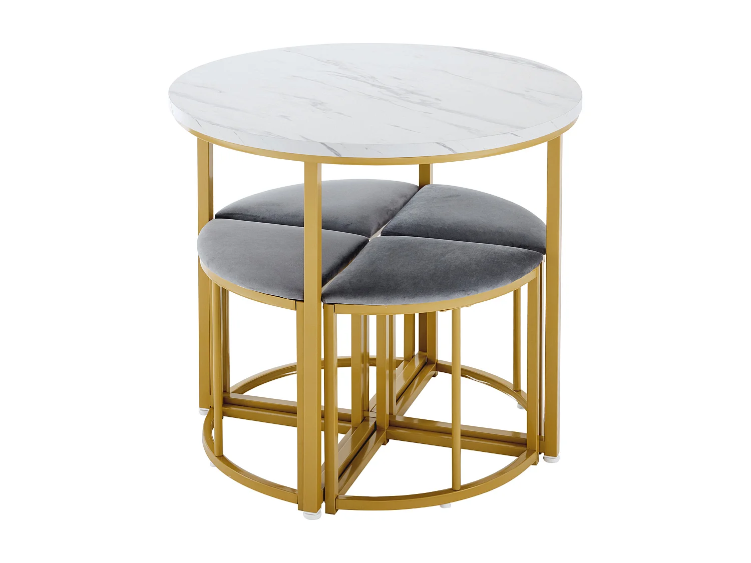 Ensemble table avec 4 chaises, plateau ronde en MDF, cadre en fer plaqué or, chaise en velours, D80x75cm+D33x46cm, gris