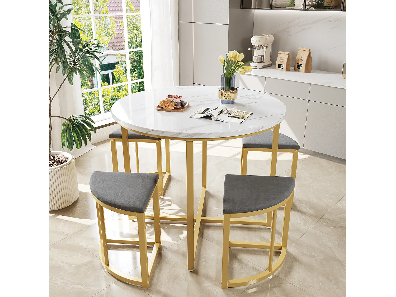 Conjunto de mesa con 4 sillas, tablero redondo de MDF, estructura de hierro bañado en oro, silla de terciopelo, D80x75cm+D33x46cm, gris