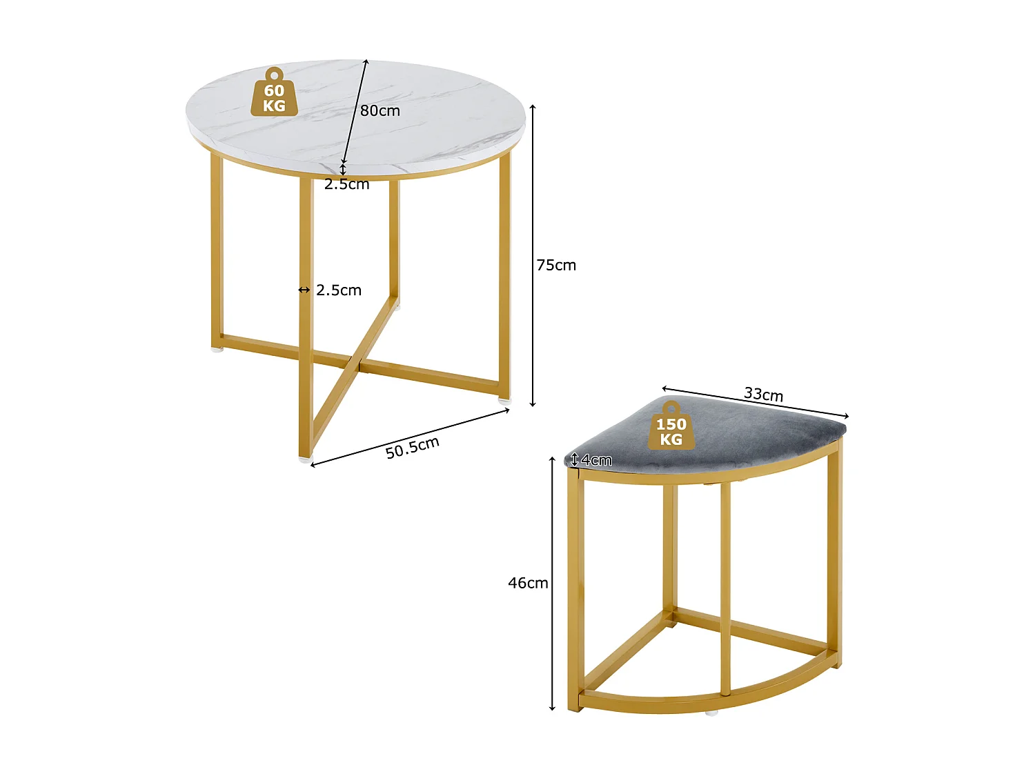Conjunto de mesa con 4 sillas, tablero redondo de MDF, estructura de hierro bañado en oro, silla de terciopelo, D80x75cm+D33x46cm, gris