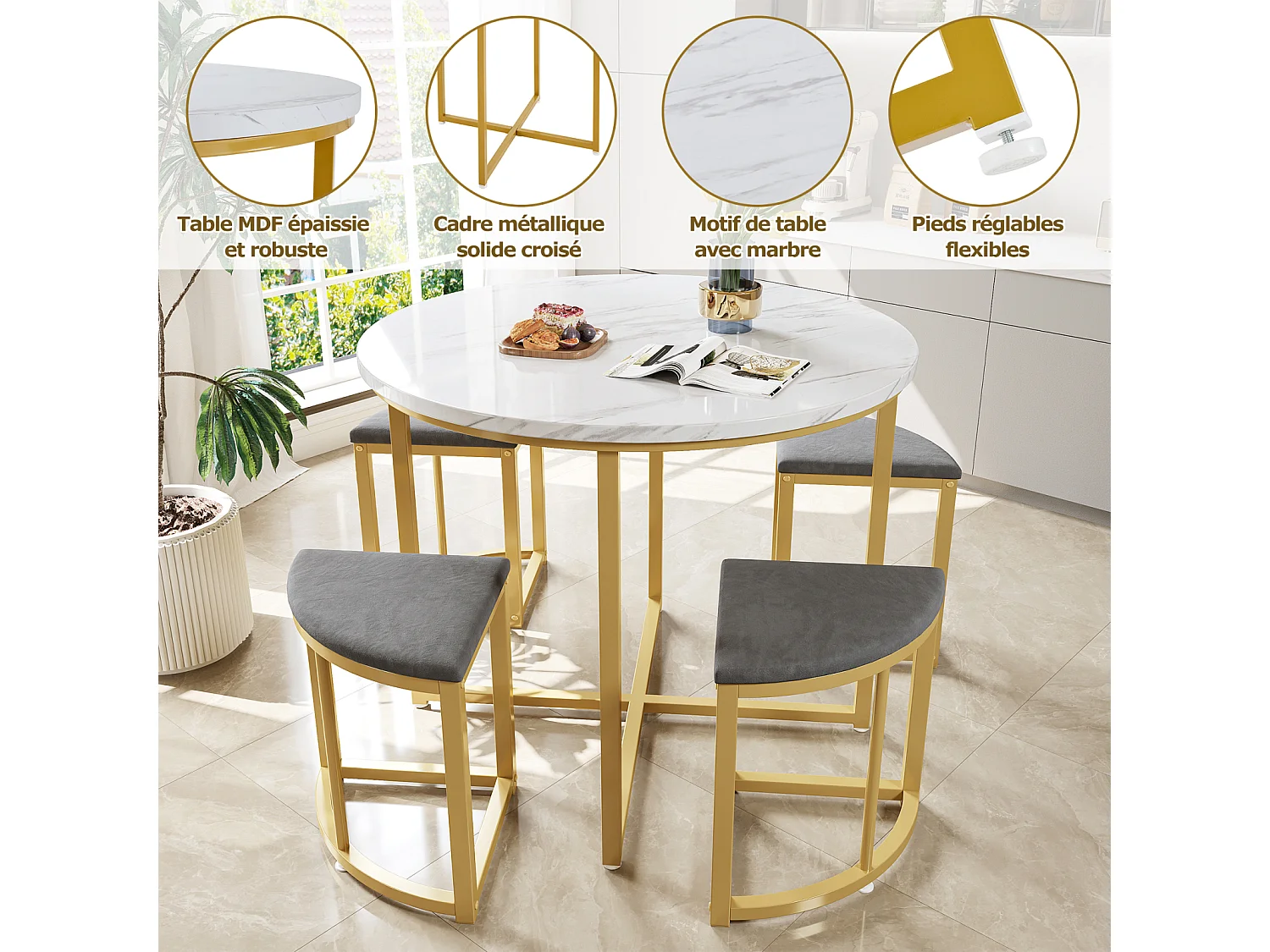 Conjunto de mesa con 4 sillas, tablero redondo de MDF, estructura de hierro bañado en oro, silla de terciopelo, D80x75cm+D33x46cm, gris