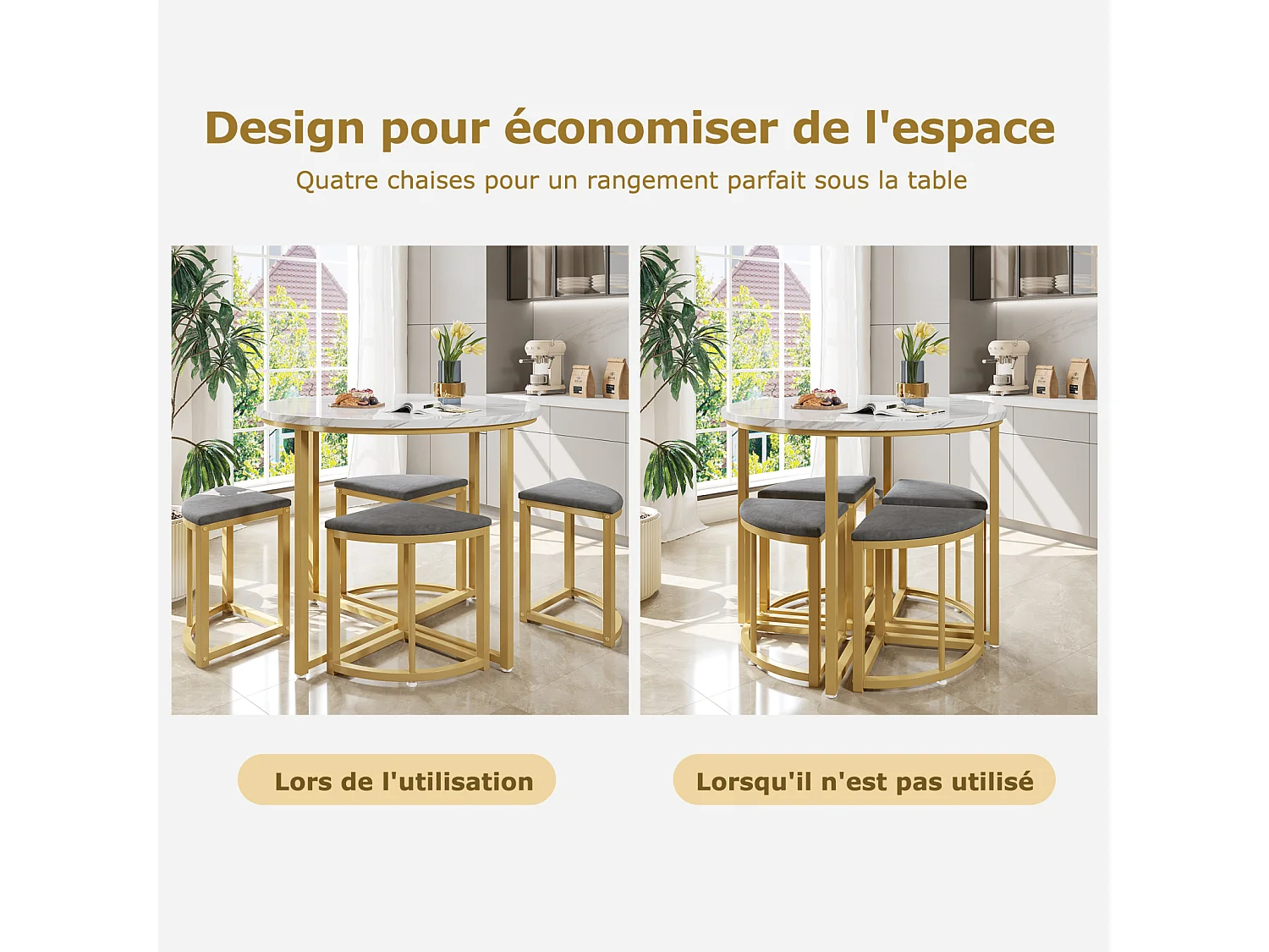 Conjunto de mesa con 4 sillas, tablero redondo de MDF, estructura de hierro bañado en oro, silla de terciopelo, D80x75cm+D33x46cm, gris