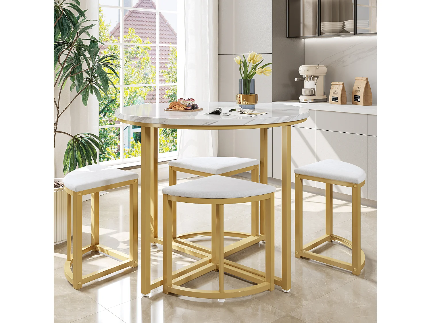 Ensemble table avec 4 chaises, plateau ronde en MDF, cadre en fer plaqué or, chaise en velours, D80x75cm+D33x46cm, blanc