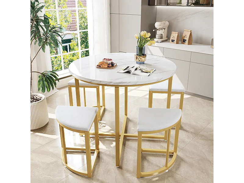 Ensemble table avec 4 chaises, plateau ronde en MDF, cadre en fer plaqué or, chaise en velours, D80x75cm+D33x46cm, blanc
