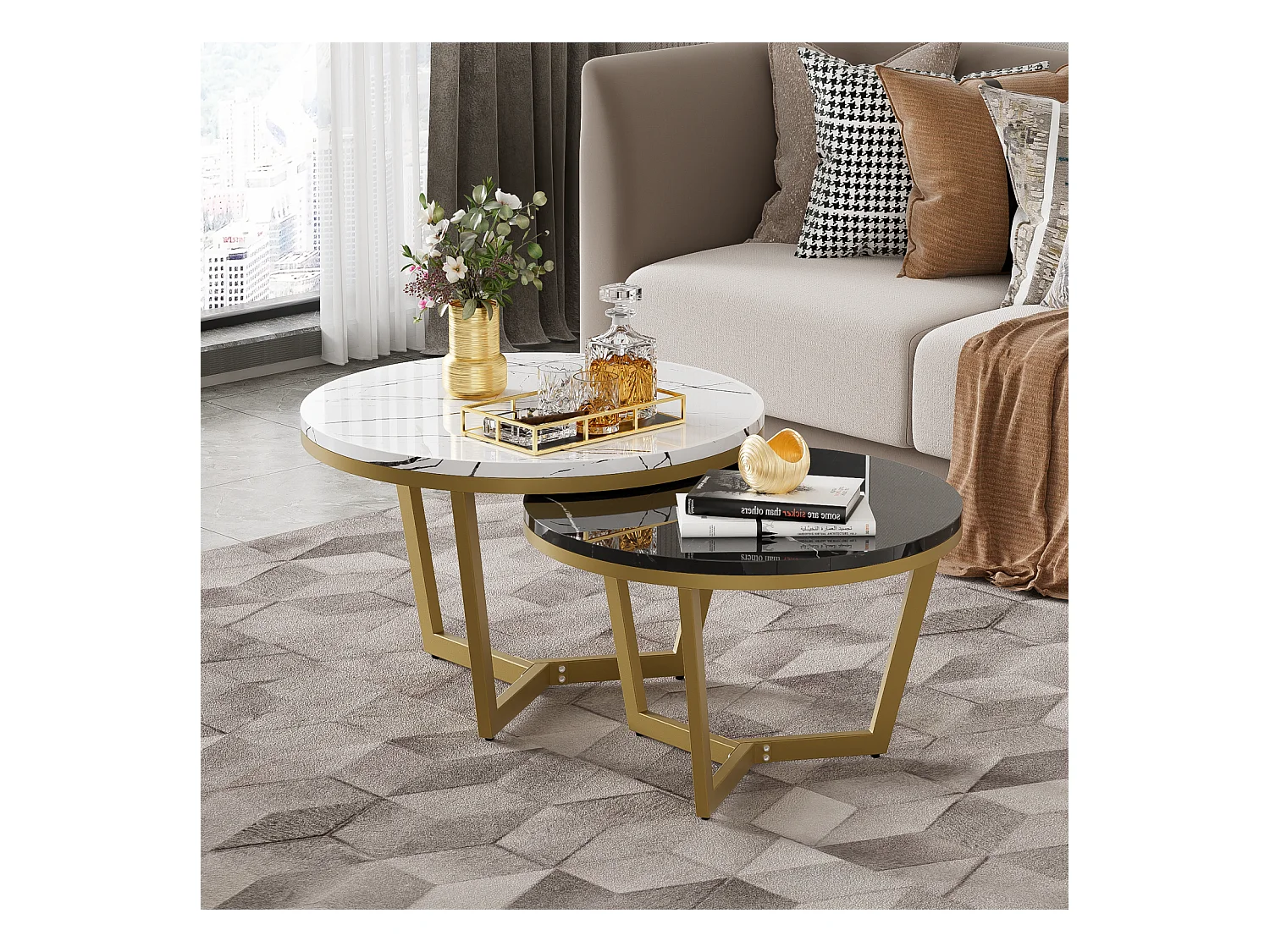 Set van 2 in elkaar passende salontafels, elegante modulaire, marmeren effect bijzettafel, gouden metalen structuur, MDF, wit en zwart