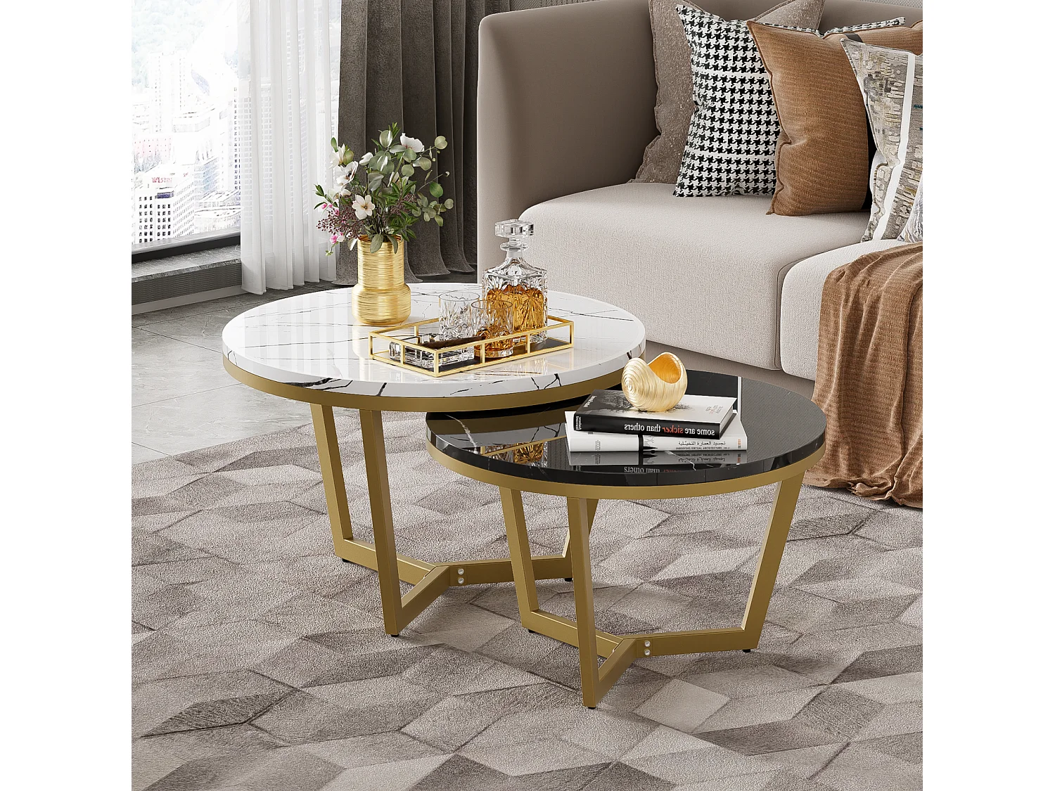 Set van 2 in elkaar passende salontafels, elegante modulaire, marmeren effect bijzettafel, gouden metalen structuur, MDF, wit en zwart