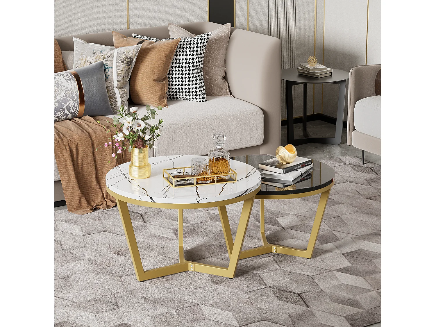 Set van 2 in elkaar passende salontafels, elegante modulaire, marmeren effect bijzettafel, gouden metalen structuur, MDF, wit en zwart