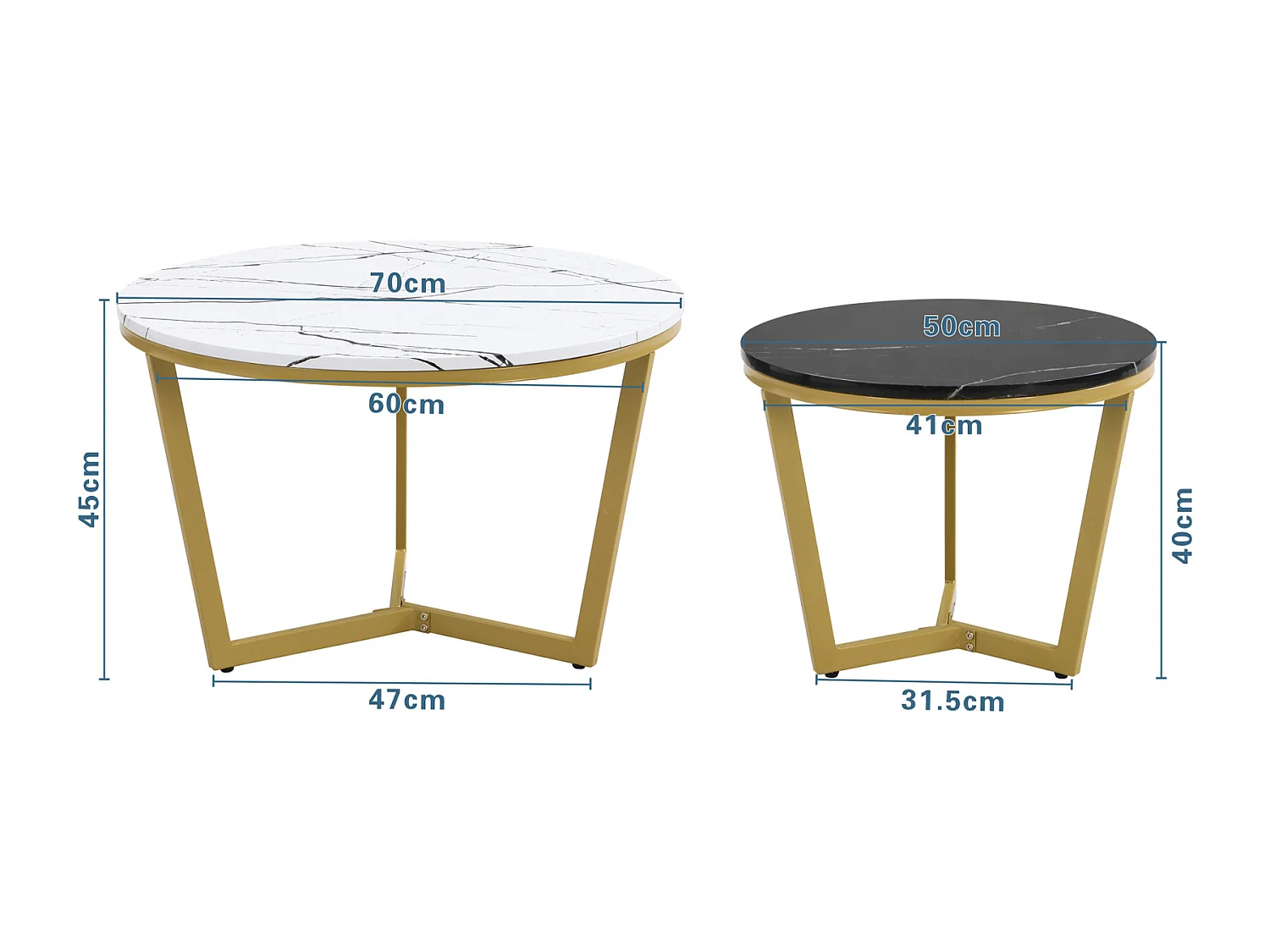 Set van 2 in elkaar passende salontafels, elegante modulaire, marmeren effect bijzettafel, gouden metalen structuur, MDF, wit en zwart