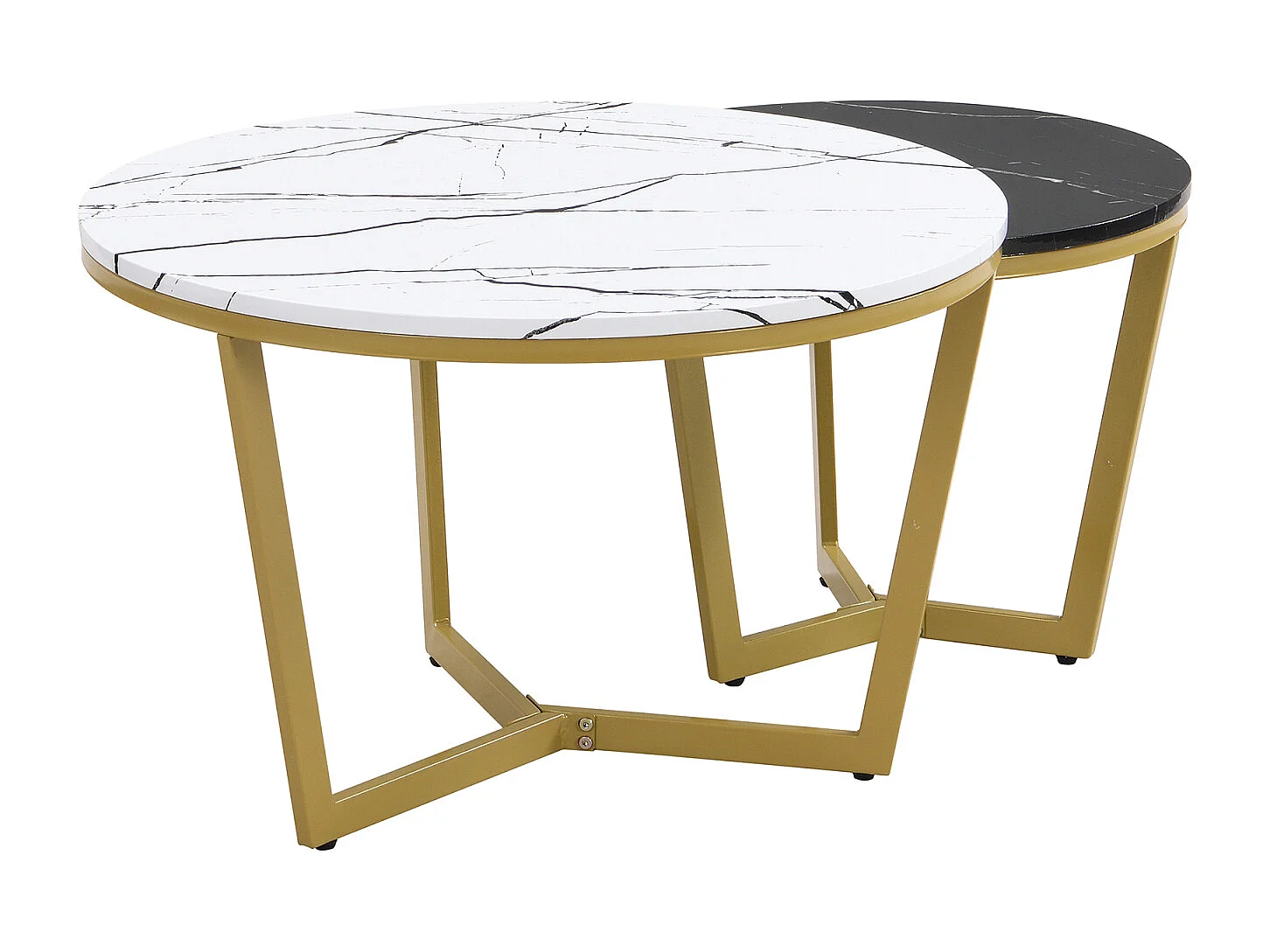 Set van 2 in elkaar passende salontafels, elegante modulaire, marmeren effect bijzettafel, gouden metalen structuur, MDF, wit en zwart