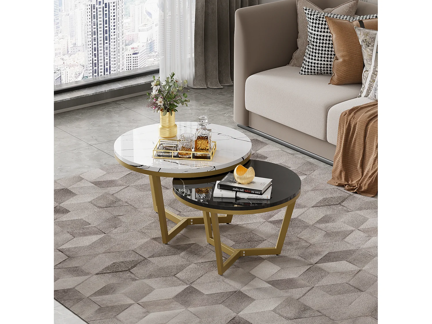 Set van 2 in elkaar passende salontafels, elegante modulaire, marmeren effect bijzettafel, gouden metalen structuur, MDF, wit en zwart