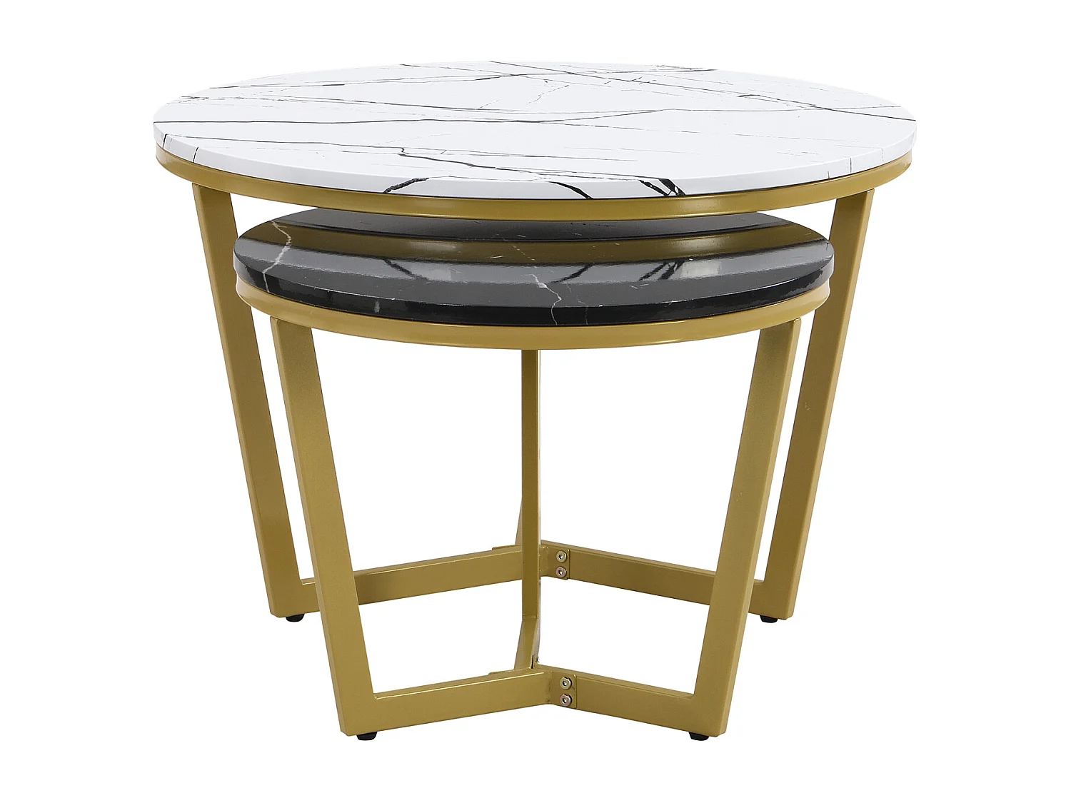 Set van 2 in elkaar passende salontafels, elegante modulaire, marmeren effect bijzettafel, gouden metalen structuur, MDF, wit en zwart