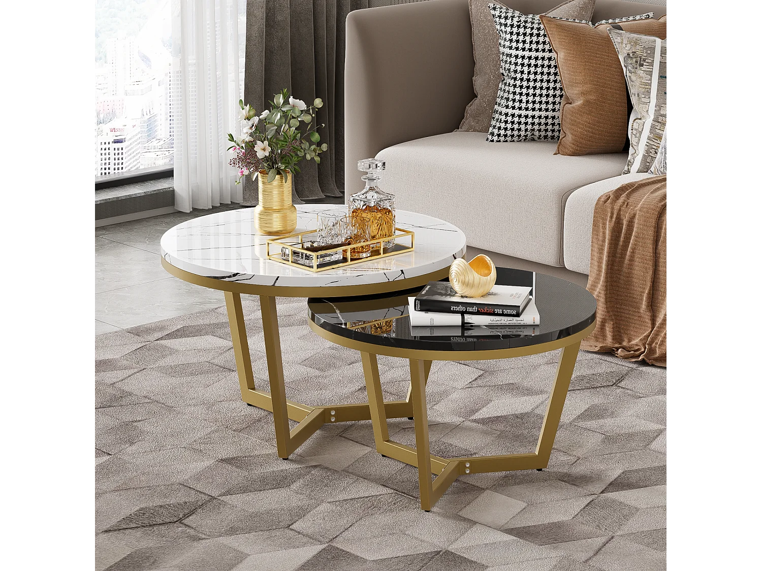 Set van 2 in elkaar passende salontafels, elegante modulaire, marmeren effect bijzettafel, gouden metalen structuur, MDF, wit en zwart