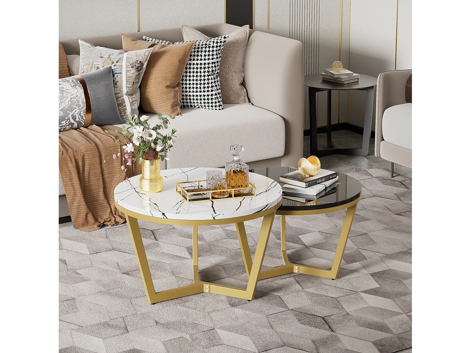 Set van 2 in elkaar passende salontafels, elegante modulaire, marmeren effect bijzettafel, gouden metalen structuur, MDF, wit en zwart