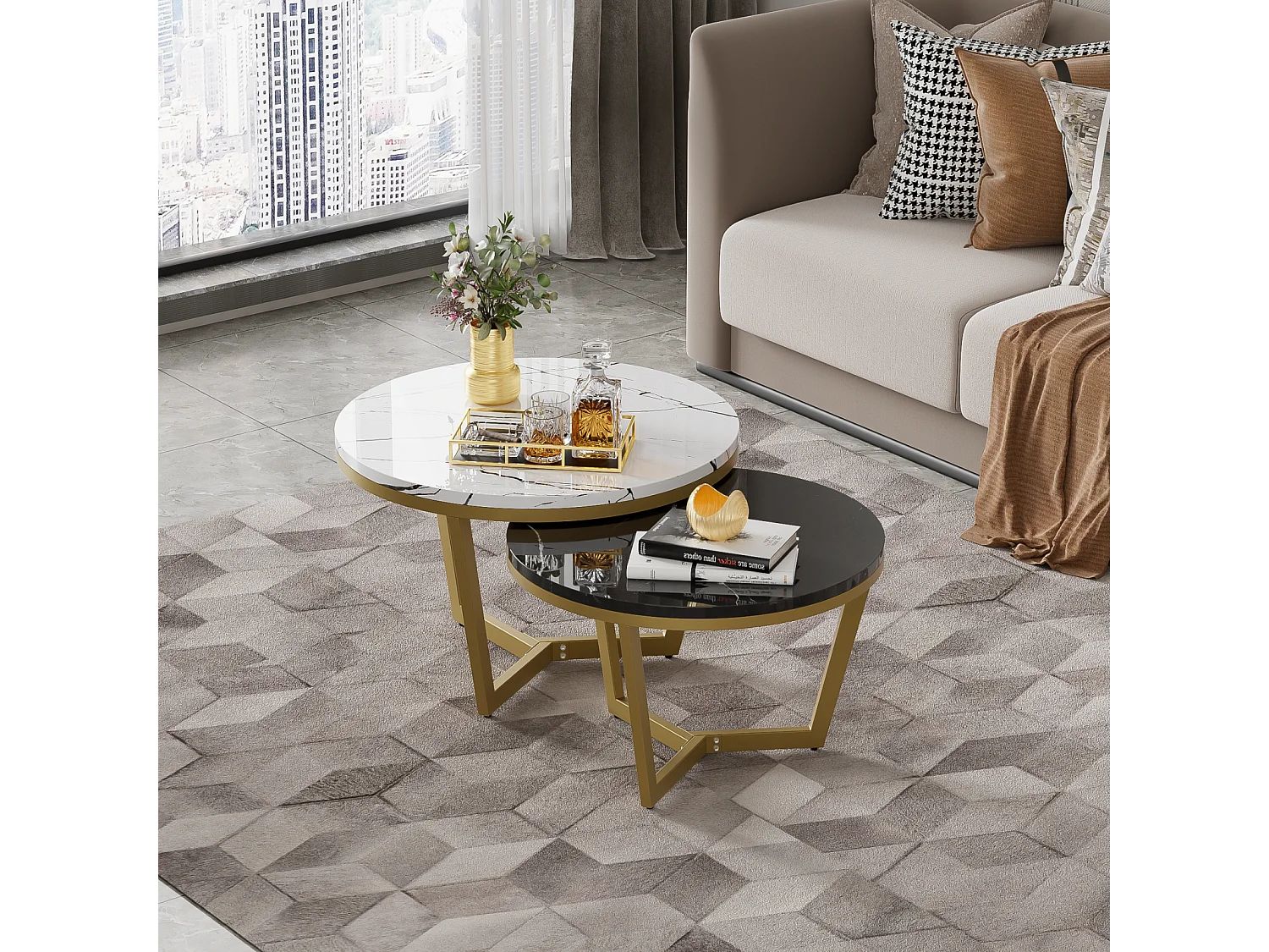 Set van 2 in elkaar passende salontafels, elegante modulaire, marmeren effect bijzettafel, gouden metalen structuur, MDF, wit en zwart