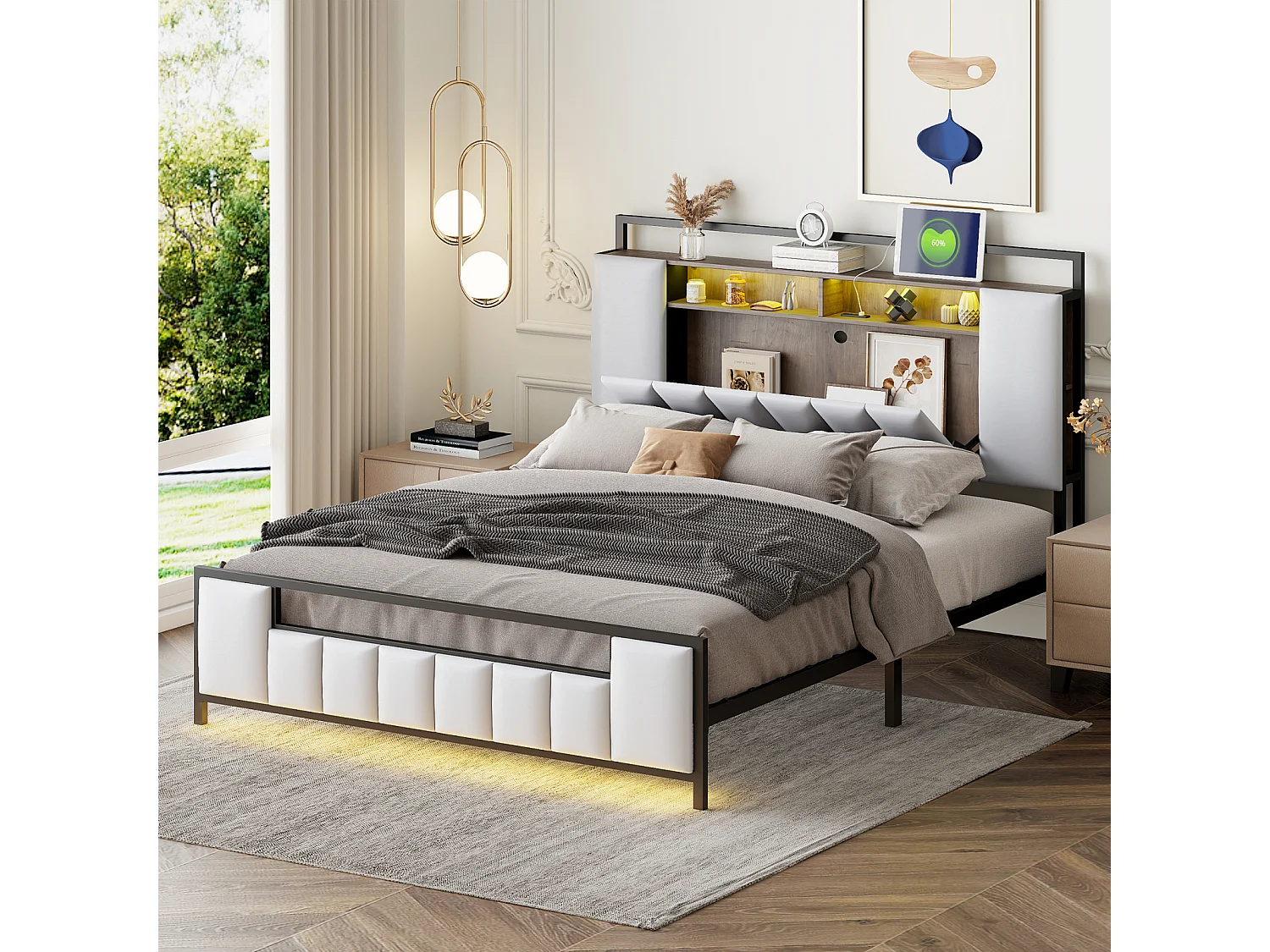 Lit double LED, avec prise USB, sommier à lattes et tête de lit, cadre en fer, simili cuir, blanc, 140x200cm