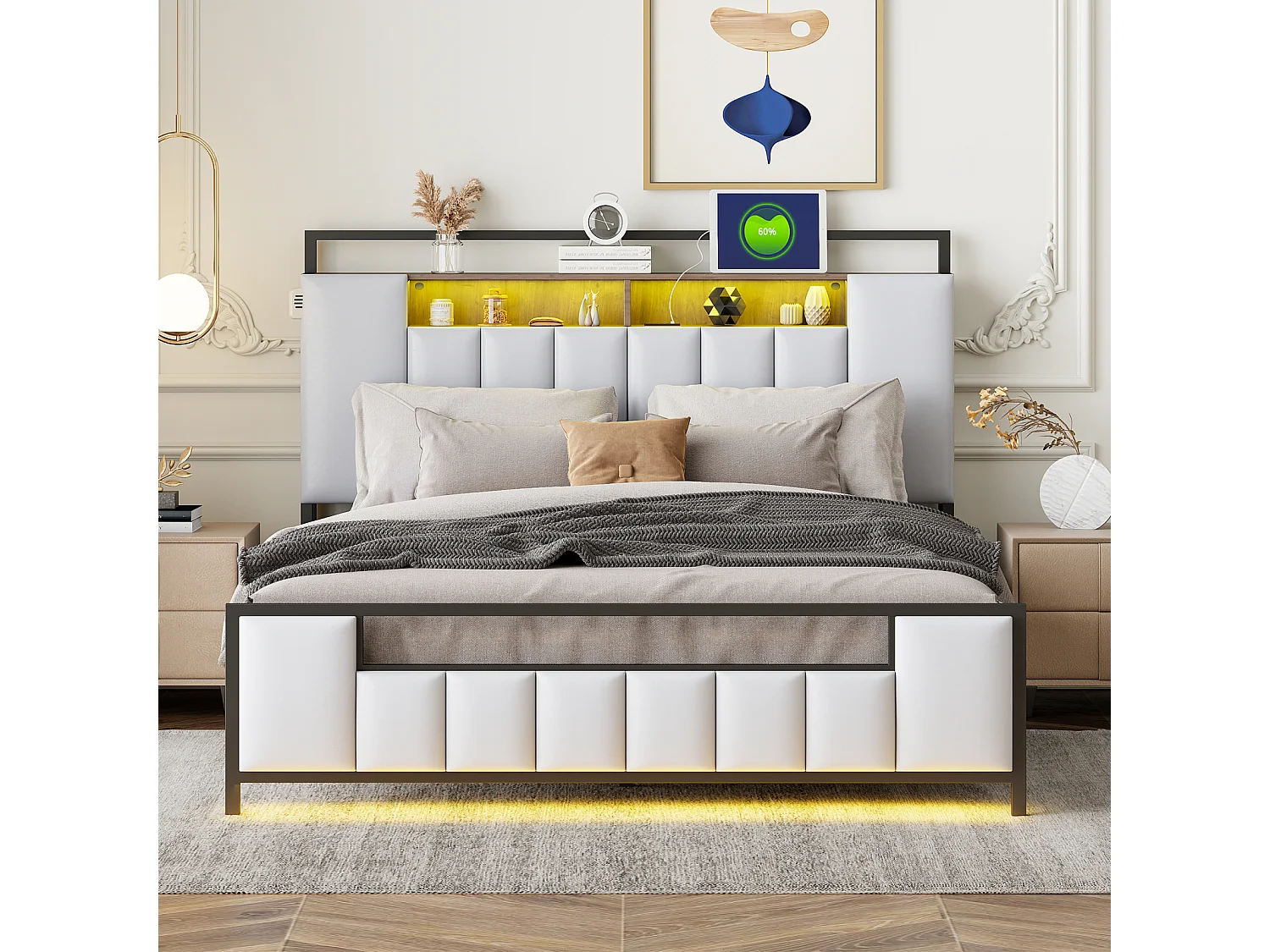 Lit double LED, avec prise USB, sommier à lattes et tête de lit, cadre en fer, simili cuir, blanc, 140x200cm