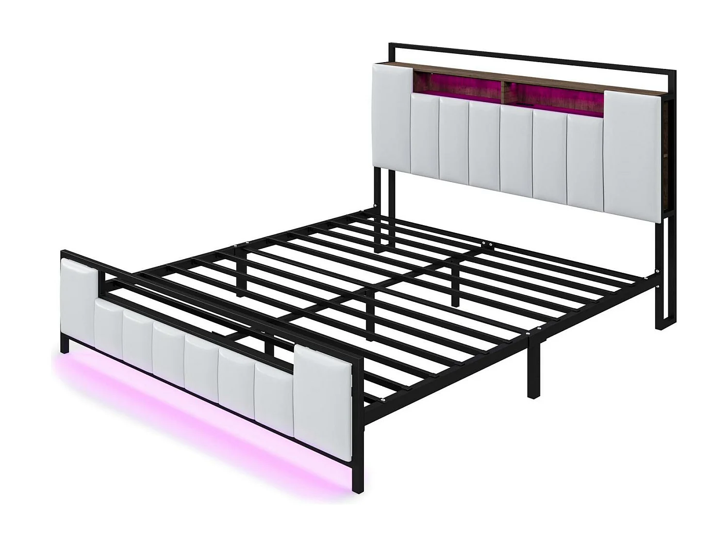 Lit double LED, avec prise USB, sommier à lattes et tête de lit, cadre en fer, simili cuir, blanc, 140x200cm