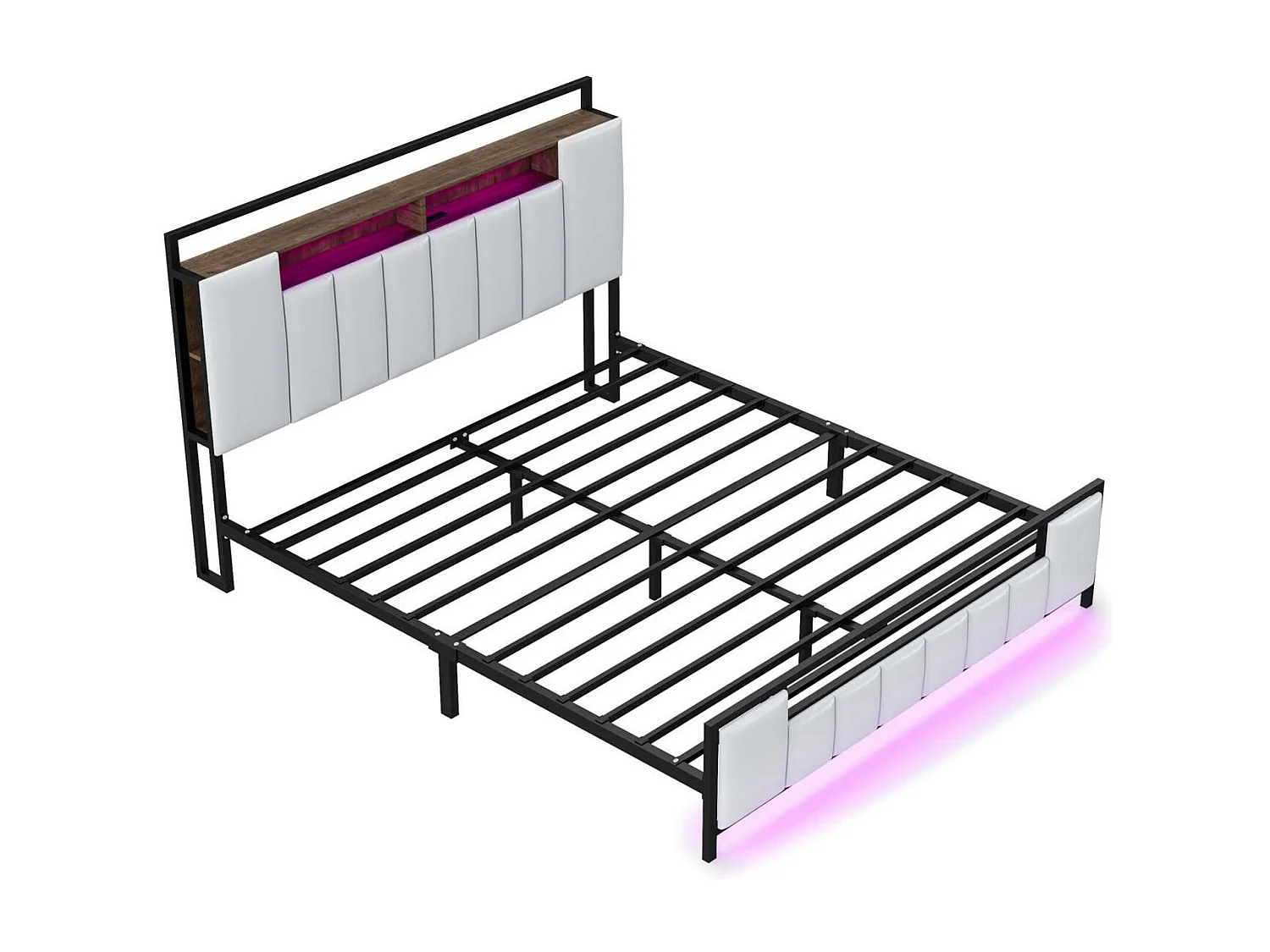 Lit double LED, avec prise USB, sommier à lattes et tête de lit, cadre en fer, simili cuir, blanc, 140x200cm