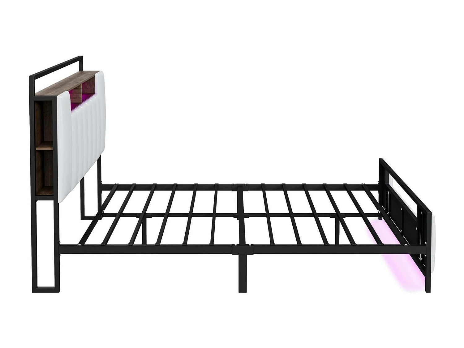 Lit double LED, avec prise USB, sommier à lattes et tête de lit, cadre en fer, simili cuir, blanc, 140x200cm