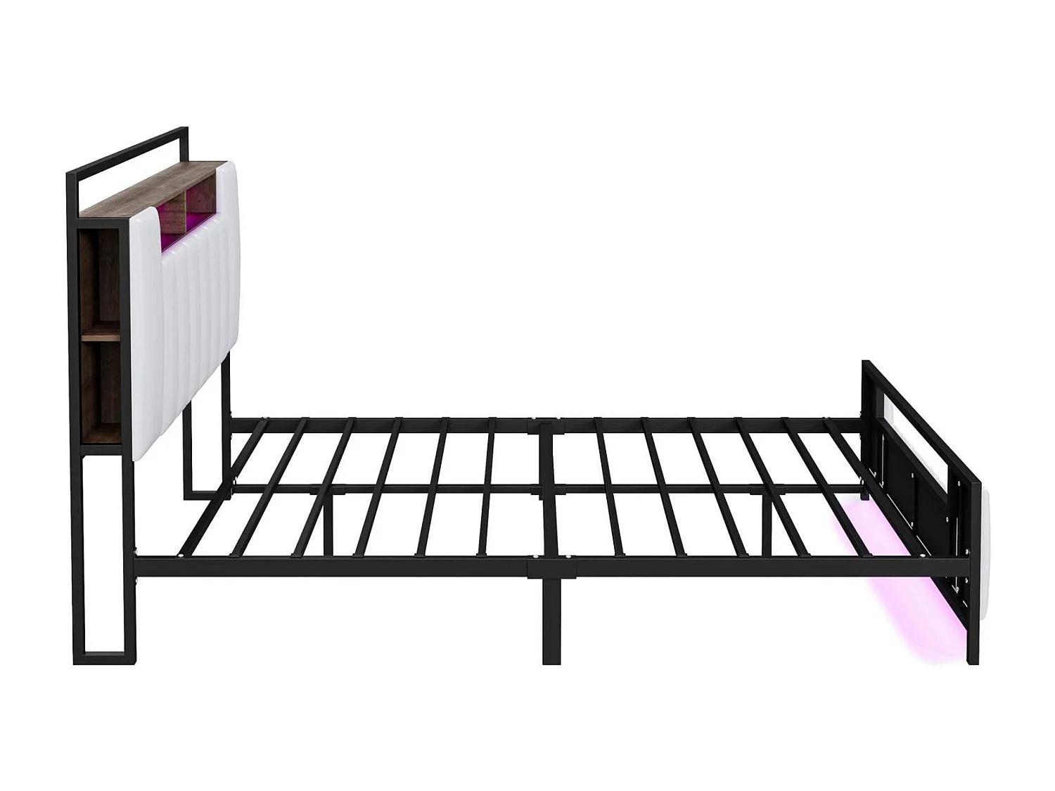 Lit double LED, avec prise USB, sommier à lattes et tête de lit, cadre en fer, simili cuir, blanc, 140x200cm