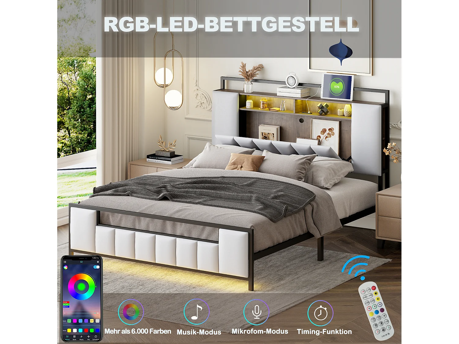 Lit double LED, avec prise USB, sommier à lattes et tête de lit, cadre en fer, simili cuir, blanc, 140x200cm